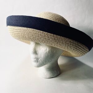 Talbots Natural Wide Turned-Up Straw Woven Brim Hat Navy Accent Summer Spring